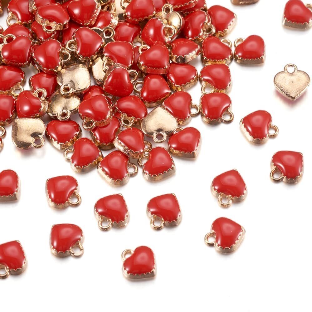 1256 100Pcs Red Heart Alloy Enamel Charms Enamel Love Heart Metal Dangle